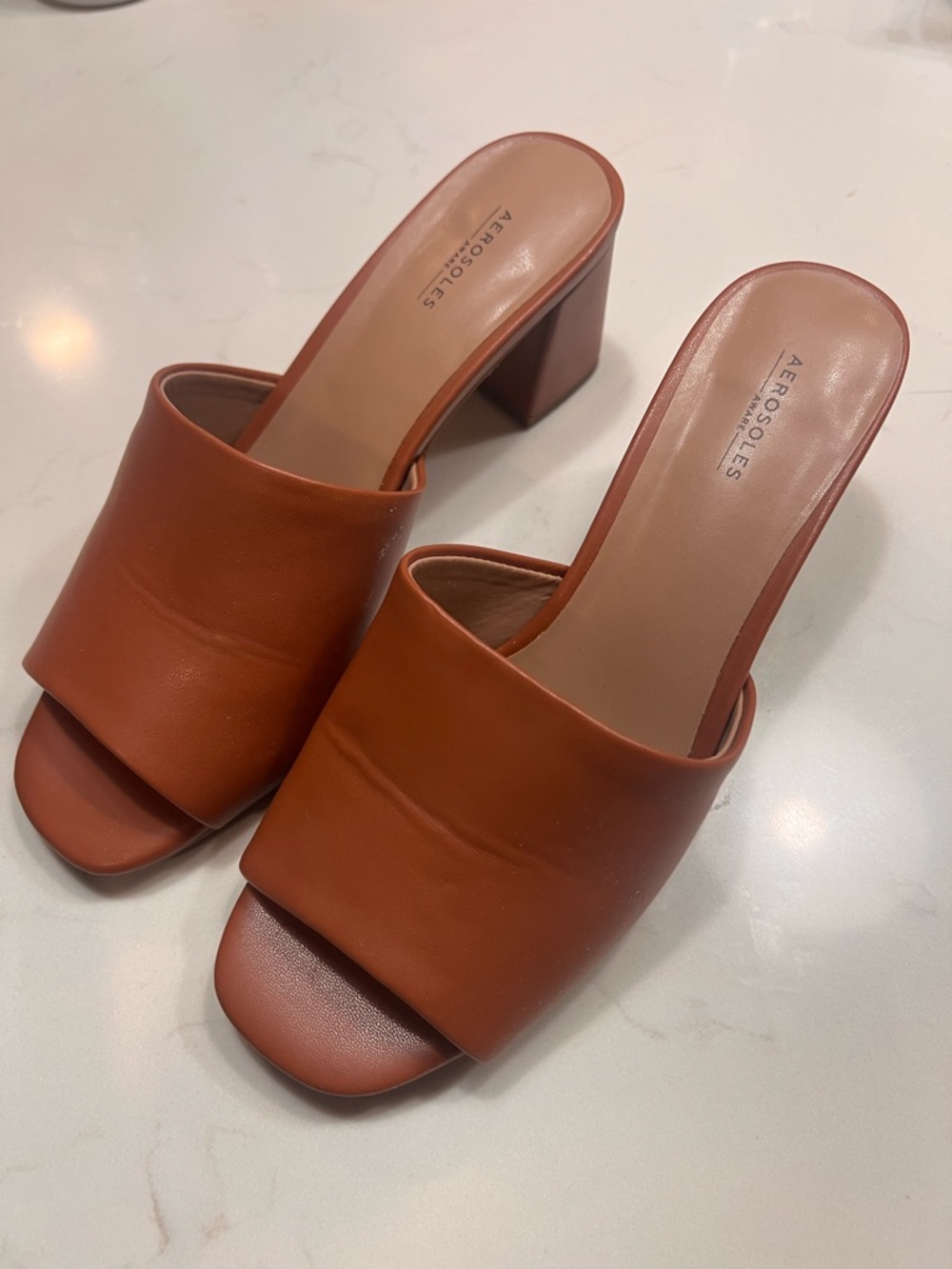 Aerosoles Cognac Block Heel Mule Sandals | Size [7M] | Comfort Slip-On Heels